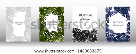 A set of tropical covers. Tropical leaves banners background. Exotic botanical design. Modern Front Page in Vector