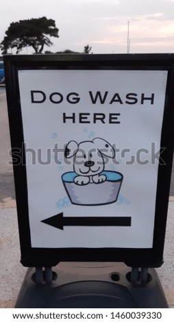 Dog wash here sign with dog in bath