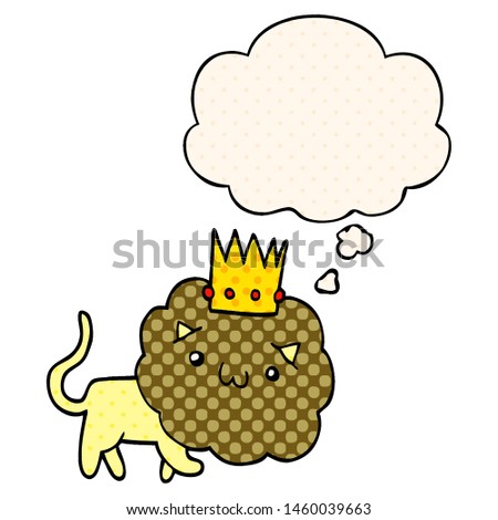 cartoon lion with crown with thought bubble in comic book style