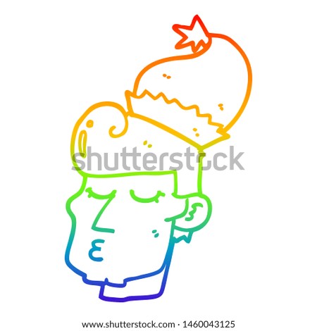 rainbow gradient line drawing of a cartoon man wearing christmas hat