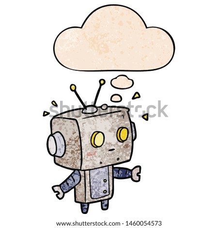 cartoon robot with thought bubble in grunge texture style
