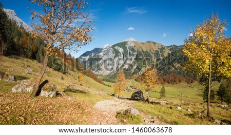 popular hiking trail from hohljoch mountain to alpine village Eng-Almen, austria landscape karwendel