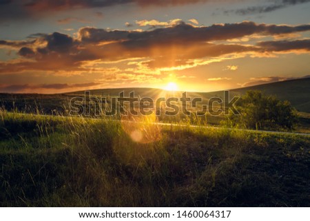 Sunset in countryside meadow with lens flare and orange sky.