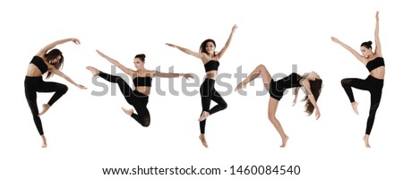 Collage Of Contemp Girl Dancing And Posing In Different Positions, Isolated On White. Panorama Royalty-Free Stock Photo #1460084540