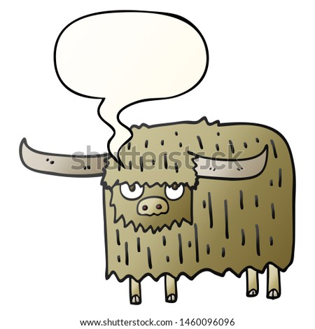 cartoon hairy cow with speech bubble in smooth gradient style