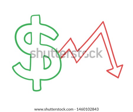 Vector hand drawn illustration of dollar symbol with arrow moving down. Colored outlines and white background.
