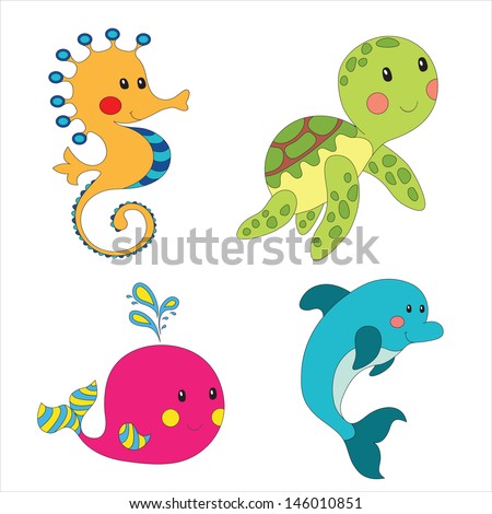 Set of cartoon sea creatures isolated on white. Vector illustration.
