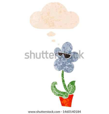 cool cartoon flower with thought bubble in grunge distressed retro textured style