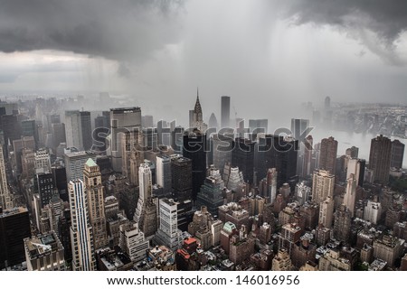 Rain in Manhattan skyline New York City from top of the Empire States Building