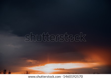 Landscape Of Green Wheat Field Under Scenic Summer Colorful Dramatic Sky In Sunset Dawn Sunrise. Skyline. Copyspace On Clear Sky.