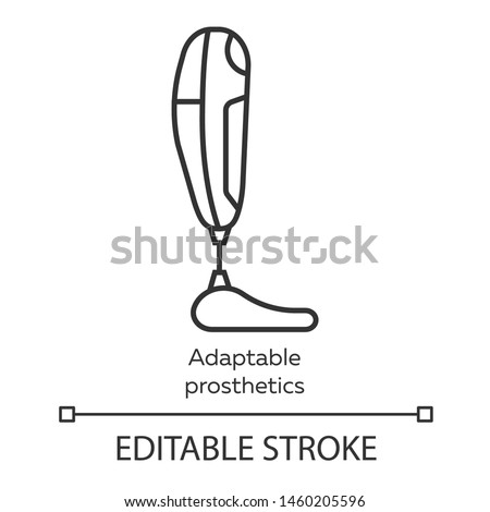 Adaptable prosthetics linear icon. Missing body part replacing. Artificial limb. Bionic foot. Bioengineering. Thin line illustration. Contour symbol. Vector isolated outline drawing. Editable stroke