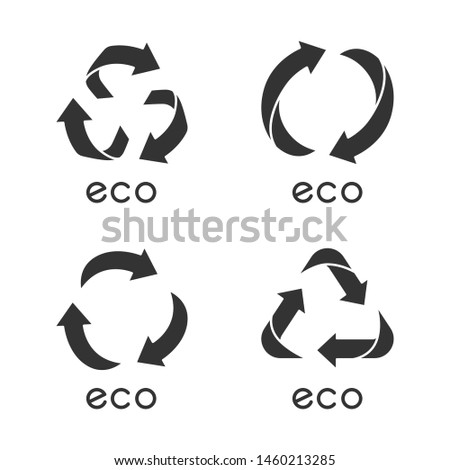 Eco labels glyph icons set. Arrows signs. Recycle symbols. Alternative energy. Environmental protection emblems. Organic cosmetics. Silhouette symbols. Vector isolated illustration