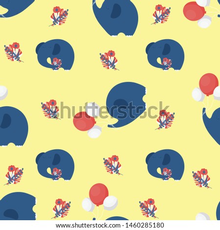 Nursery elephant seamless pattern. Cute elephants with balloons and flowers