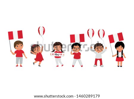 children holding Peru flags. Modern design template for greeting card, ad, promotion, poster, flyer, blog, article, social media Vector illustration