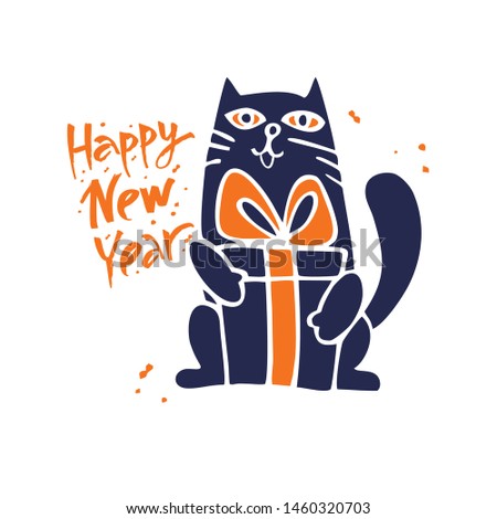 Cute blue cat with a gift with a yellow bow and the inscription Happy new Year hand-drawn. Children's Christmas invitation Cute cartoon vector illustration