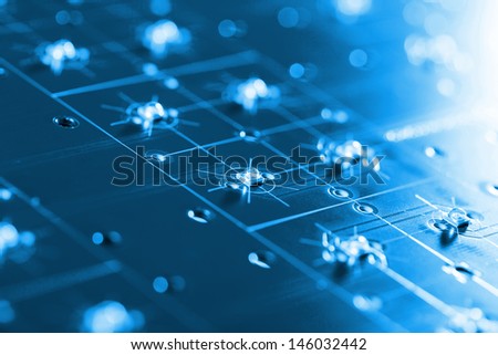 Macro Photo Of Blue Circuite Board, Assembling Line Detail.