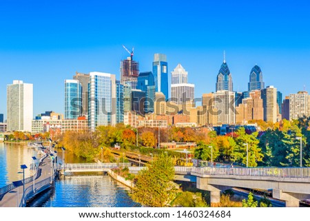 Philadelphia, Pennsylvania, USA downtown skyline in autumn on the Schuylkill River.
