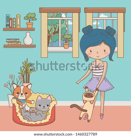 Girl with cats and dog cartoon design