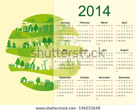 cute and green calendar on 2014 year with globe