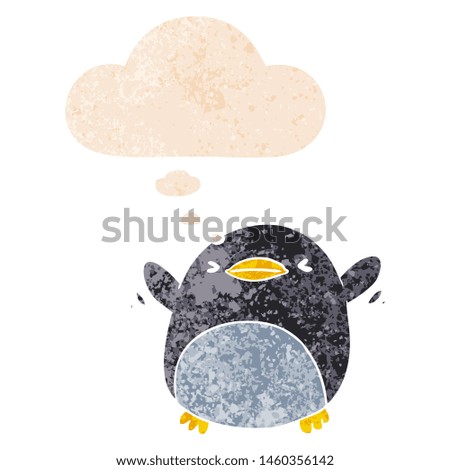 cute cartoon flapping penguin with thought bubble in grunge distressed retro textured style