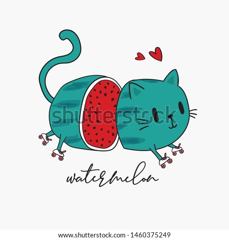 Cute cat loves watermelon ,vector illustration for kids fashion artworks, children books, greeting cards, t-shirt graphic. Funny animal print.