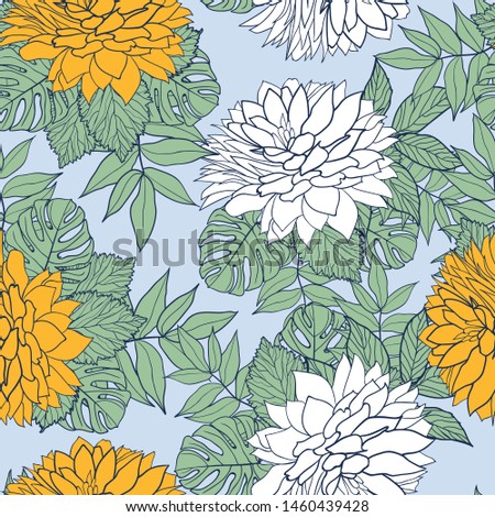Modern wild flowers seamless pattern design. Seamless pattern with spring flowers and leaves. Hand drawn background. floral pattern for wallpaper or fabric. Botanic Tile.