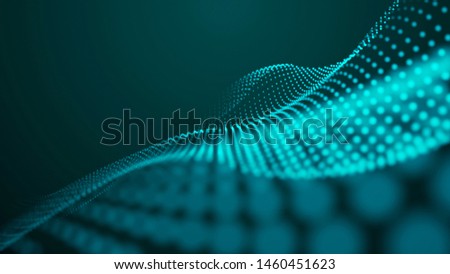 Wave with connecting dots and lines on dark background. Wave of particles. Data technology illustration.  