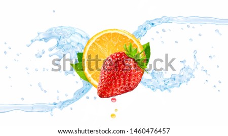 Fresh cold pure flavored water with orange, strawberry, wave 3D splash isolated on white background. Clean infused water wave splash with citrus fruit, strawberry. Healthy flavored drink splash design