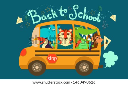 Vecctor illustration of jungle animals  in the scchool bus.  Happy to return to the school. Back to school lettering with funy animals.