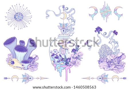 Modern set Purple alien Flora. Hand drawn illustration, cartoon, character clip art with abstract floral. Summer card. Summer concept background . Cute cartoon set with frogs, flowers and cloud.