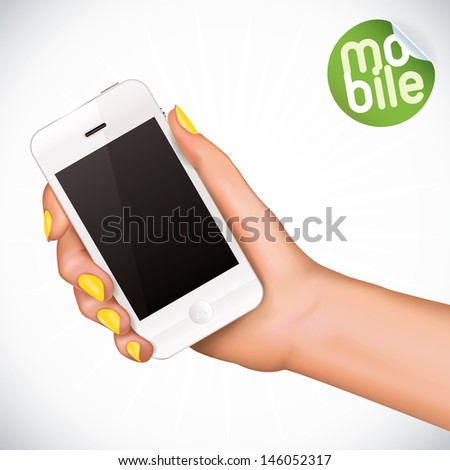 Vector Hand Holding Touchscreen Mobile Phone, Iphon, Ipade, Ipode style gadget Illustration, Icons, Sign, Badge With Sticker
