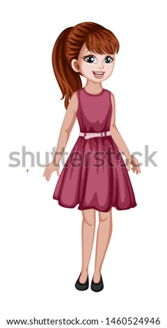 Cute Woman Character in Beautiful Clothes Standing Isolated on White Background. Pretty Lady Smiling and Cartoon Vector Illustration