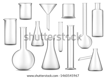 Lab glass vector design of chemical laboratory test tubes, flasks and beakers. Glassware equipment 3d illustration of chemistry, biology, medicine and pharmacy research technology, scientist tools Royalty-Free Stock Photo #1460545967