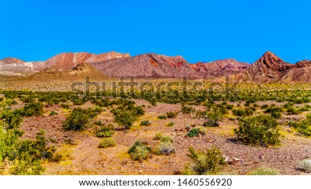 Colorful Mountains along Northshore Road SR167 in Lake Mead National Recreation Area runs through semi desert landscape between Boulder City and Overton in Nevada, USA Royalty-Free Stock Photo #1460556920