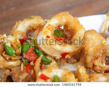 Deep fried Calamari in Thai Style Spicy Chili yummy picture close up short