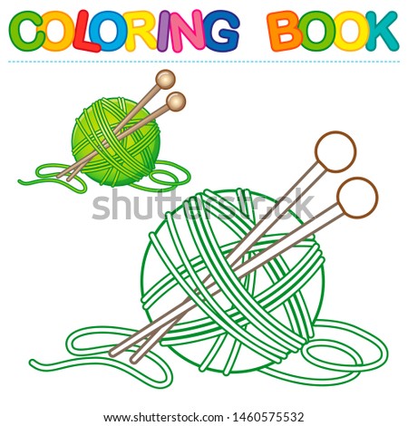 Vector coloring book for kids. children's entertainment and educational games. A simple level with a colored outline for preschoolers. Green ball of yarn and knitting needles

