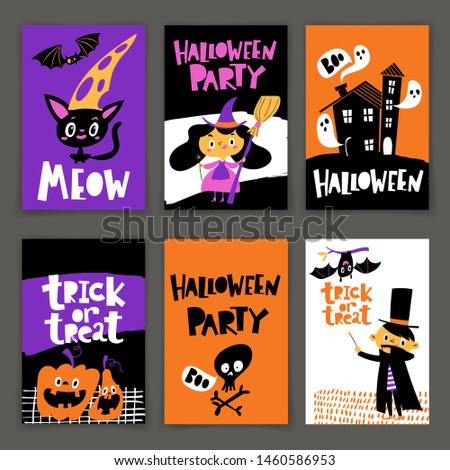 Set of cartoon style Halloween Party posters or cards with cute characters and symbols. Funny halloween designs