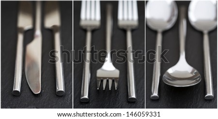 Collage of modern cutlery images on rustic style background