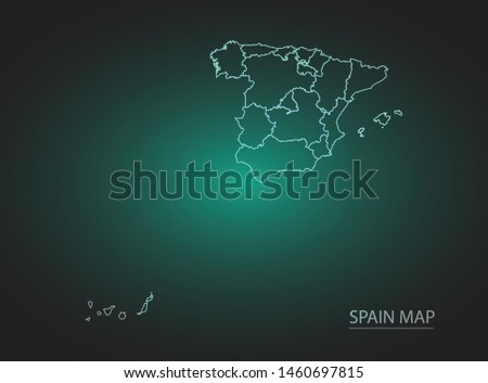 High Detailed Glow Green Map on Dark Background of Map of Spain symbol for your web site design map logo, app, ui,Travel. Vector illustration eps 10.