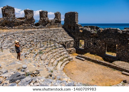 The ancient city of Anemurium is located in Ören, anamur district of Mersin. The ancient city, also known as Old Anamur, is an exquisite place with many historical civilizations and magnificent sea, w Royalty-Free Stock Photo #1460709983