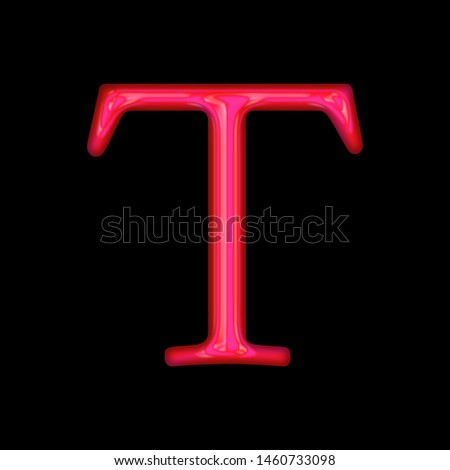 Glowing neon pink glass letter T in a 3D illustration with a shiny bright pink glow and antique bookletter font type style isolated on black background with clipping path