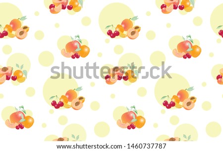 Seamless food pattern of juicy summer fruits and berries - sweet cherry, apricot, peach in bright colors. All elements are drawn by hand. For your design, scrapbooking, textiles and printing.