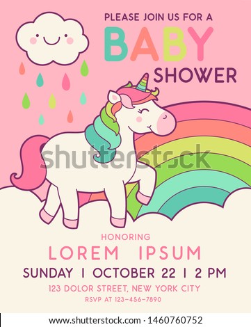Cute unicorn illustration with rainbow and rain background for baby shower invitation card template.