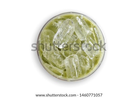 Top view(Flat lay) of Iced green tea isolated in plastic glass on scene white view with cut out or Clipping path.