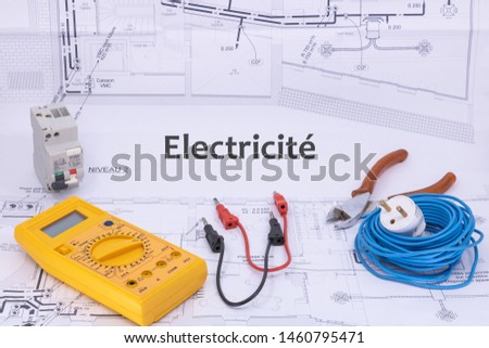  Electricity occupation electrician graphic resource with house plan and electrical equipment for electrician (électricité is electricity written in French)