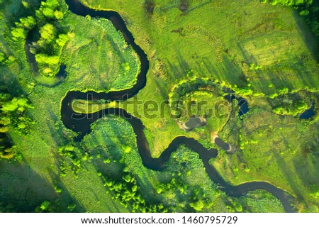 Ecology and environment concept. Green nature from above. Aerial view on river landscape. Beautiful healthy nature