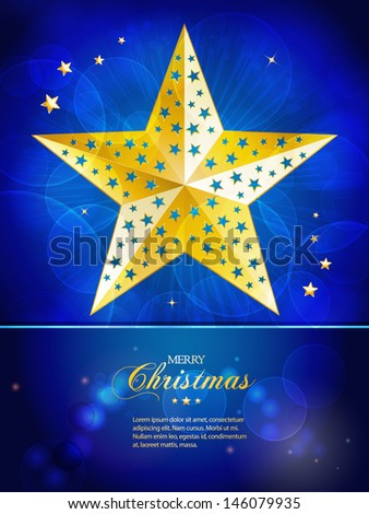 Christmas background with gold star on a glowing blue background