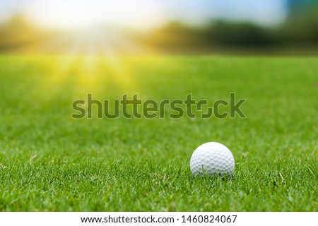 Golf ball on green grass on blurred beautiful landscape of golf course with sunrise,sunset time on background.	
