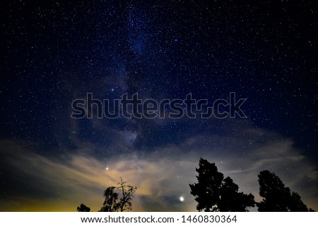 Midsummer Milky Way, Jupiter and Saturn Planets, Vega and Deneb stars in the night sky.