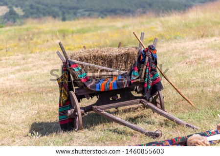 Retro carriage covered with traditional bulgarian rug with mountains in the background